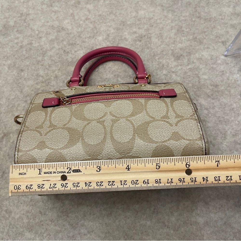 Coach Mini Rowan Signature Tan Canvas Pink Rogue Leather Trim Crossbody Bag - Picture 15 of 17